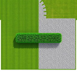 3D rendering of a rectangular garden design, featuring an equal split between lush green grass on one side and decorative gravel on the other