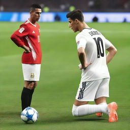 Cristiano Ronaldo, dressed in his football uniform, is on his knees on a football pitch, imploringly looking up to Lionel Messi, who stands indifferently