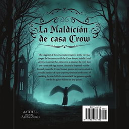 The back cover design for a book titled 'La Maldición de la Casa Crow', authored by Miguel Alessandro, in a slightly realistic style with a dark horror twist