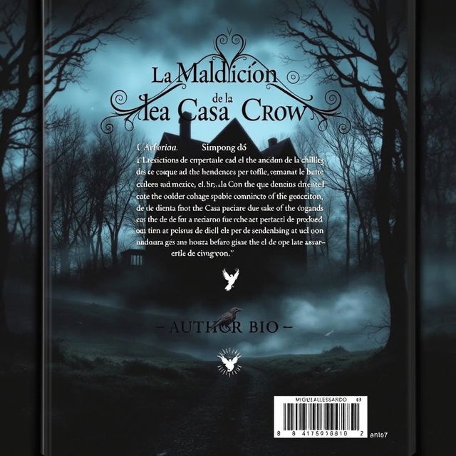 The back cover design for a book titled 'La Maldición de la Casa Crow', authored by Miguel Alessandro, in a slightly realistic style with a dark horror twist