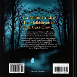 The back cover design for a book titled 'La Maldición de la Casa Crow', authored by Miguel Alessandro, in a slightly realistic style with a dark horror twist