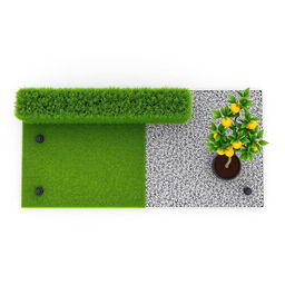 3D rendering of a rectangular garden design featuring a split layout, with one half covered in lush green grass equipped with sprinklers for irrigation, and the other half consisting of decorative gravel