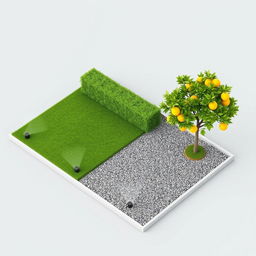 3D rendering of a rectangular garden design featuring a split layout, with one half covered in lush green grass equipped with sprinklers for irrigation, and the other half consisting of decorative gravel