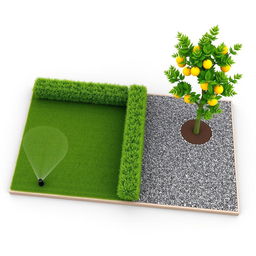3D rendering of a rectangular garden design featuring a split layout, with one half covered in lush green grass equipped with sprinklers for irrigation, and the other half consisting of decorative gravel