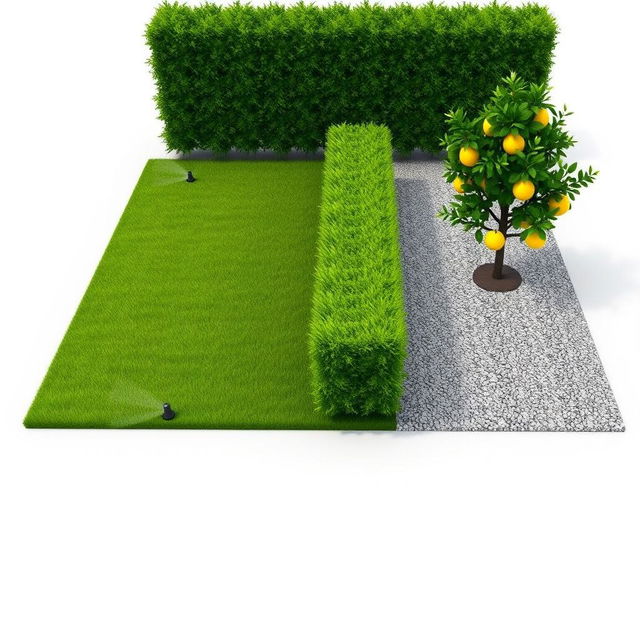 3D rendering of a rectangular garden design featuring a split layout, with one half covered in lush green grass equipped with sprinklers for irrigation, and the other half consisting of decorative gravel