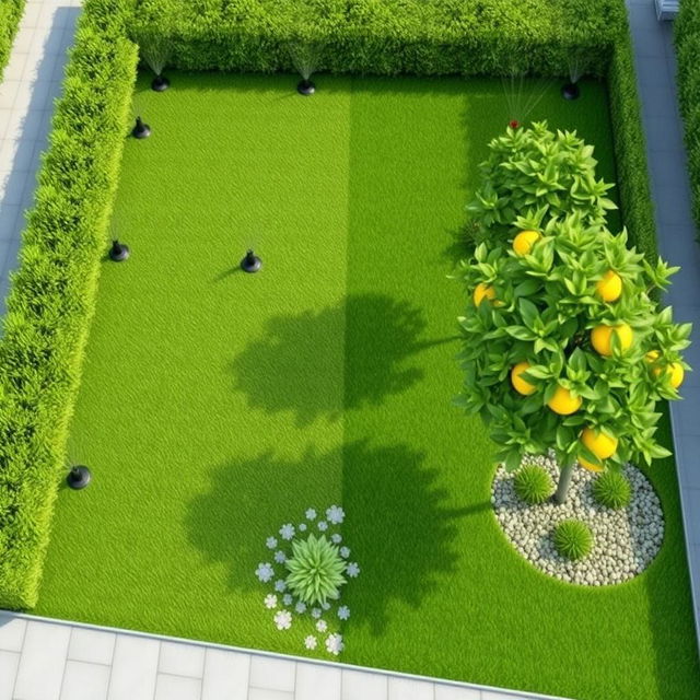 3D rendering of a rectangular garden design featuring a balanced split between one half covered in lush green grass, equipped with five irrigation sprinklers for optimal watering, and the other half adorned with decorative gravel