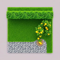 3D rendering of a rectangular garden design featuring a balanced split between one half covered in lush green grass, equipped with five irrigation sprinklers for optimal watering, and the other half adorned with decorative gravel
