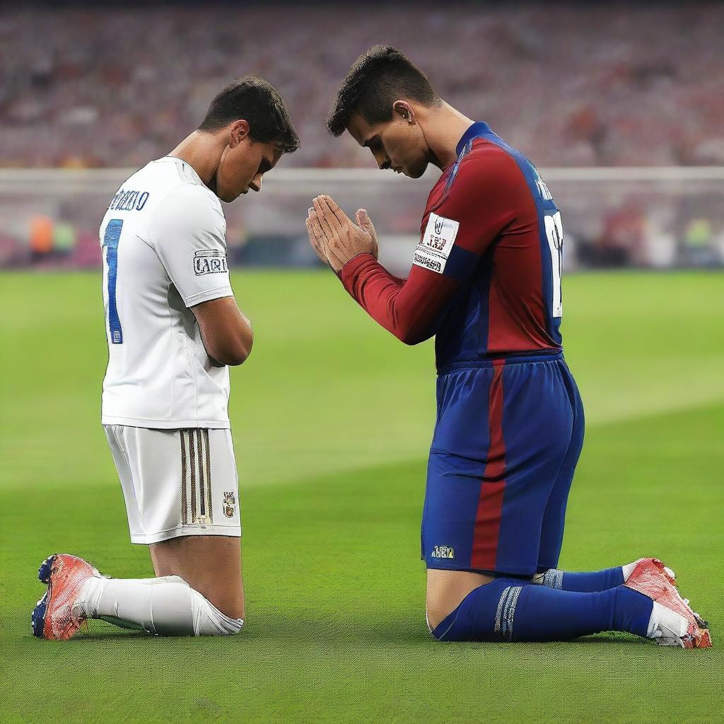 Portray Cristiano Ronaldo in his football kit, humbly on his knees with hands clasped, pleading to an unimpressed Lionel Messi standing before him on a soccer field