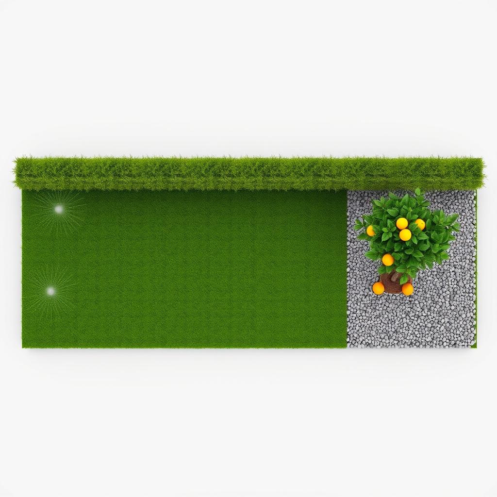 3D rendering of a rectangular garden project featuring a balanced layout with one half composed of lush green grass, equipped with five irrigation sprinklers for efficient watering, while the other half is adorned with decorative gravel