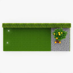 3D rendering of a rectangular garden project featuring a balanced layout with one half composed of lush green grass, equipped with five irrigation sprinklers for efficient watering, while the other half is adorned with decorative gravel