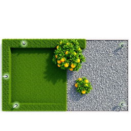 3D rendering of a rectangular garden project featuring a balanced layout with one half composed of lush green grass, equipped with five irrigation sprinklers for efficient watering, while the other half is adorned with decorative gravel