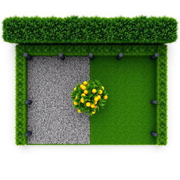 3D rendering of a rectangular garden project featuring a balanced layout with one half composed of lush green grass, equipped with five irrigation sprinklers for efficient watering, while the other half is adorned with decorative gravel