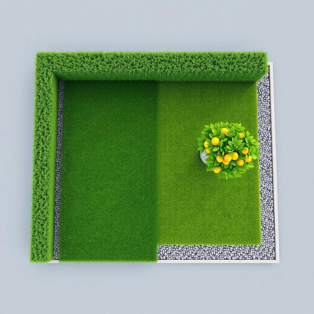 3D rendering of a rectangular garden project featuring a balanced layout with one half composed of lush green grass, equipped with five irrigation sprinklers for efficient watering, while the other half is adorned with decorative gravel