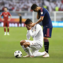 Portray Cristiano Ronaldo in his football kit, humbly on his knees with hands clasped, pleading to an unimpressed Lionel Messi standing before him on a soccer field