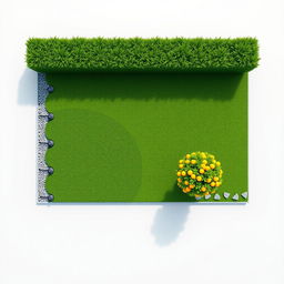 3D rendering of a rectangular garden design, featuring a layout split evenly with one half dedicated to lush green grass that includes five irrigation sprinklers for efficient watering, while the other half is beautifully covered with decorative gravel