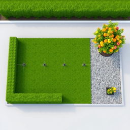 3D rendering of a rectangular garden design, featuring a layout split evenly with one half dedicated to lush green grass that includes five irrigation sprinklers for efficient watering, while the other half is beautifully covered with decorative gravel