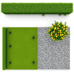 3D rendering of a rectangular garden design, featuring a layout split evenly with one half dedicated to lush green grass that includes five irrigation sprinklers for efficient watering, while the other half is beautifully covered with decorative gravel
