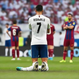 Portray Cristiano Ronaldo in his football kit, humbly on his knees with hands clasped, pleading to an unimpressed Lionel Messi standing before him on a soccer field