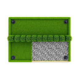3D rendering of a rectangular garden design with a harmonious layout featuring one half dedicated to lush green grass, equipped with five irrigation sprinklers for effective watering, while the other half showcases decorative gravel