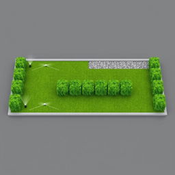 3D rendering of a rectangular garden design with a harmonious layout featuring one half dedicated to lush green grass, equipped with five irrigation sprinklers for effective watering, while the other half showcases decorative gravel