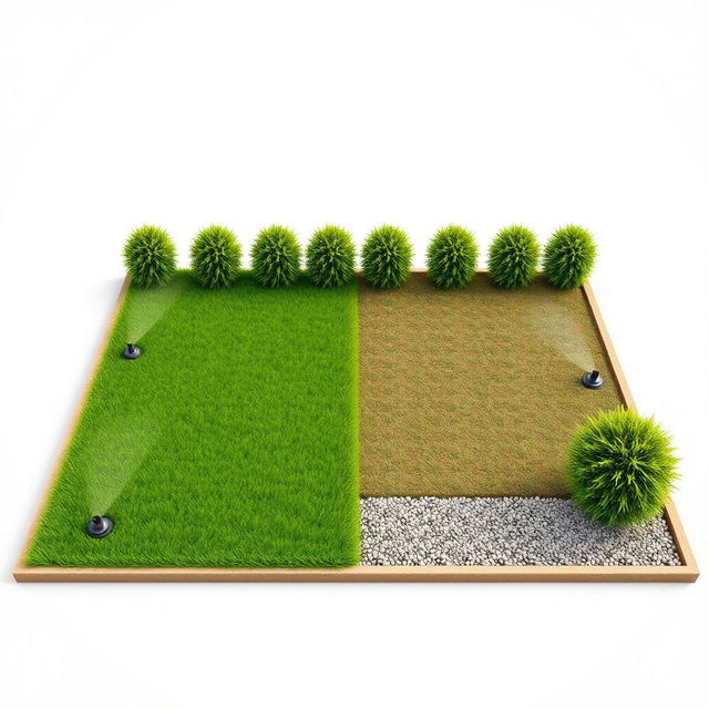 3D rendering of a rectangular garden design with a harmonious layout featuring one half dedicated to lush green grass, equipped with five irrigation sprinklers for effective watering, while the other half showcases decorative gravel