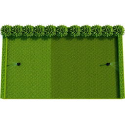 3D rendering of a rectangular garden design with a harmonious layout featuring one half dedicated to lush green grass, equipped with five irrigation sprinklers for effective watering, while the other half showcases decorative gravel