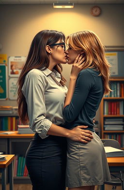 A sensual scene depicting a female high school teacher and her female student in an intimate moment, sharing a soft kiss in a cozy classroom setting