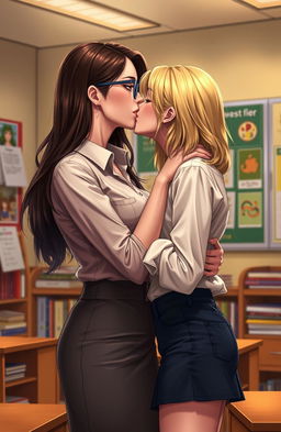 A sensual scene depicting a female high school teacher and her female student in an intimate moment, sharing a soft kiss in a cozy classroom setting