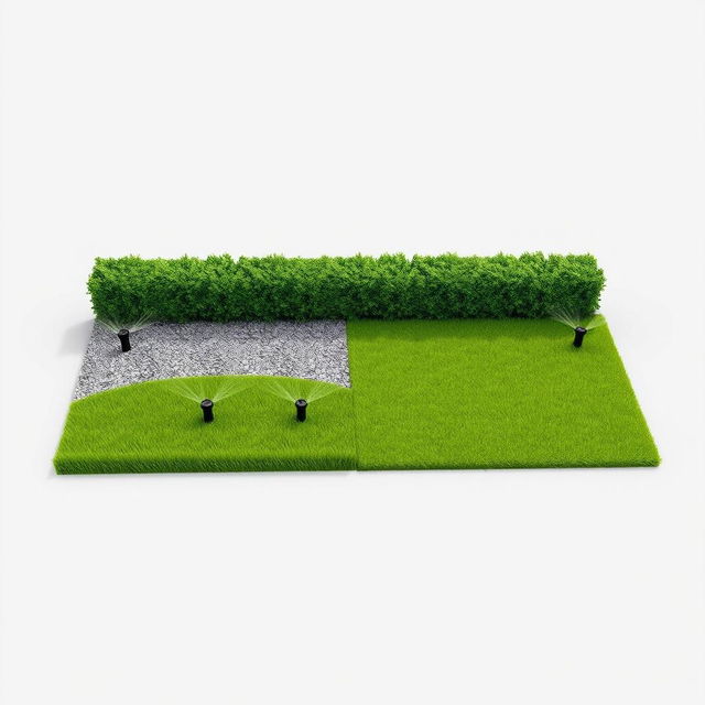 3D rendering of a rectangular garden design, featuring a balanced division where one half is lush green grass, equipped with five efficient irrigation sprinklers