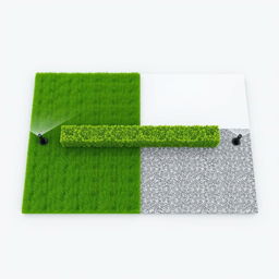 3D rendering of a rectangular garden design, featuring a balanced division where one half is lush green grass, equipped with five efficient irrigation sprinklers
