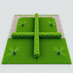 3D rendering of a rectangular garden design, featuring a balanced division where one half is lush green grass, equipped with five efficient irrigation sprinklers