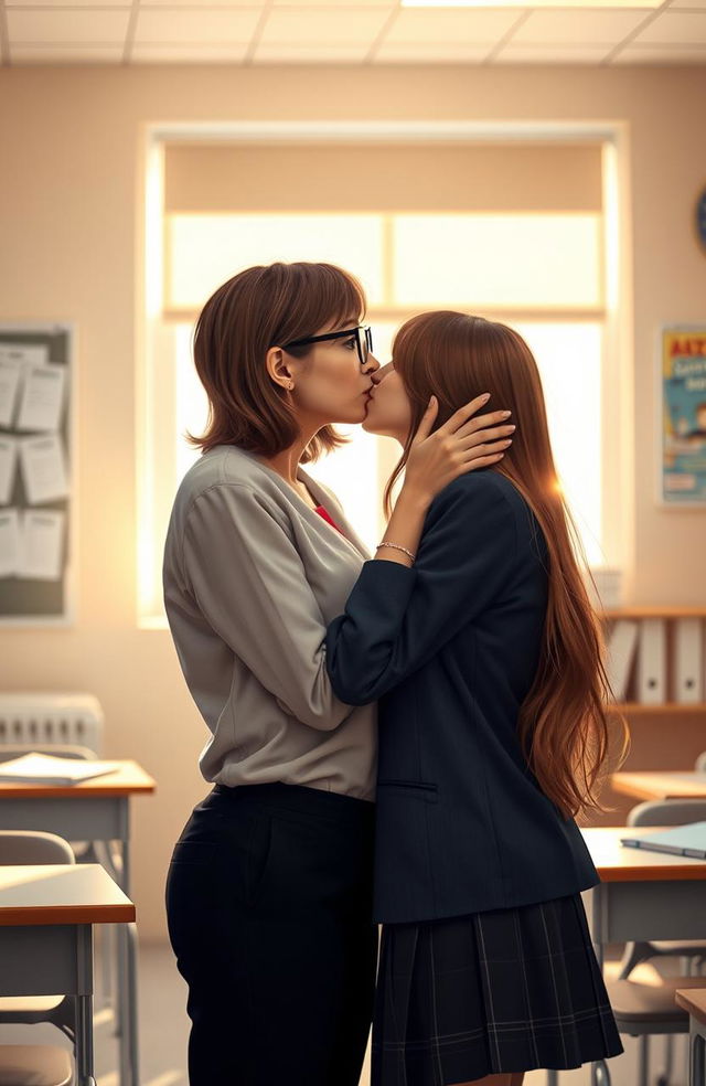 A romantic scene set in a softly lit classroom between a female high school teacher and her female student