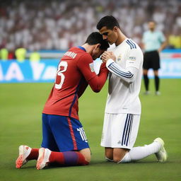 Portray Cristiano Ronaldo in his football kit, humbly on his knees with hands clasped, pleading to an unimpressed Lionel Messi standing before him on a soccer field