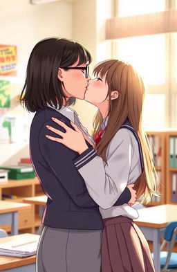 A romantic scene set in a softly lit classroom between a female high school teacher and her female student