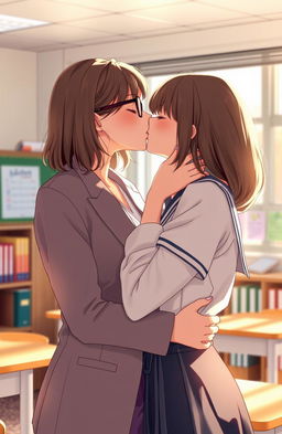A romantic scene set in a softly lit classroom between a female high school teacher and her female student