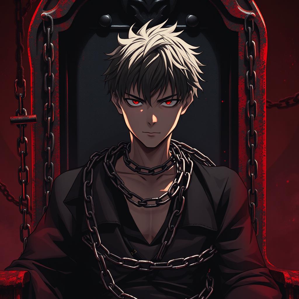 A young man in a chained anime-style outfit, displaying a tormented expression