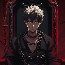 A young man in a chained anime-style outfit, displaying a tormented expression