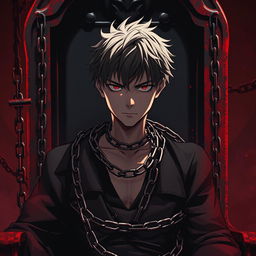 A young man in a chained anime-style outfit, displaying a tormented expression