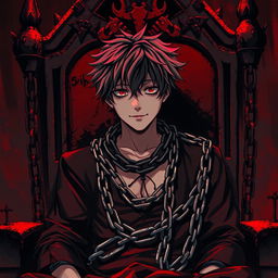 A young man in a chained anime-style outfit, displaying a tormented expression