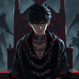 A young man in a chained anime-style outfit, displaying a tormented expression