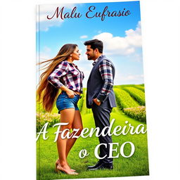 A romantic book cover titled 'A Fazendeira e o CEO', featuring a stunning 18-year-old young woman with long, flowing hair reaching down to her waist, dressed in stylish denim shorts and a trendy checkered blouse