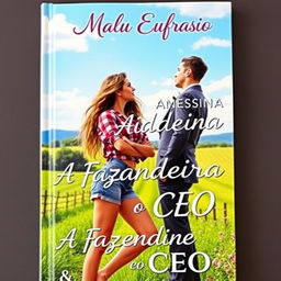 A romantic book cover titled 'A Fazendeira e o CEO', featuring a stunning 18-year-old young woman with long, flowing hair reaching down to her waist, dressed in stylish denim shorts and a trendy checkered blouse