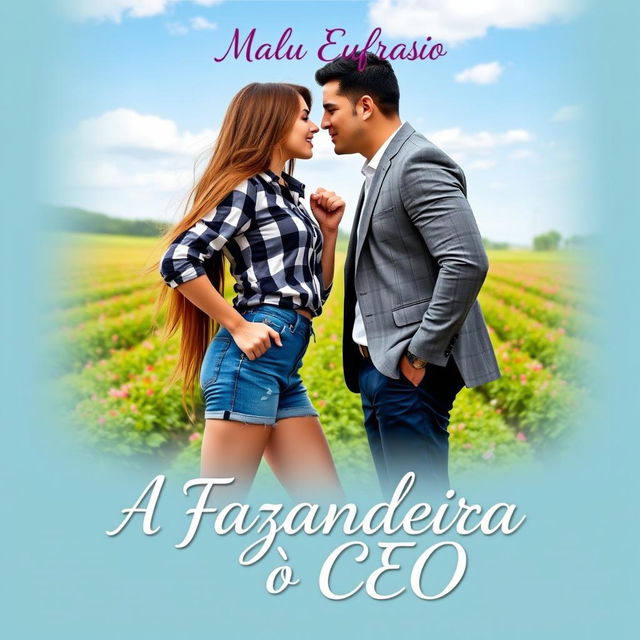 A romantic book cover titled 'A Fazendeira e o CEO', featuring a stunning 18-year-old young woman with long, flowing hair reaching down to her waist, dressed in stylish denim shorts and a trendy checkered blouse