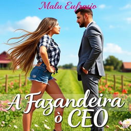 A romantic book cover titled 'A Fazendeira e o CEO', featuring a stunning 18-year-old young woman with long, flowing hair reaching down to her waist, dressed in stylish denim shorts and a trendy checkered blouse