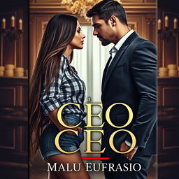 A captivating romance novel cover featuring a stunning 18-year-old woman with long hair cascading down to her waist, dressed in stylish denim shorts and a checked blouse