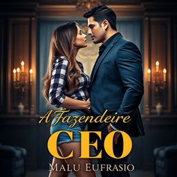 A captivating romance novel cover featuring a stunning 18-year-old woman with long hair cascading down to her waist, dressed in stylish denim shorts and a checked blouse