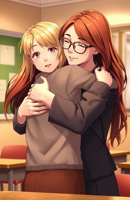 An intimate scene featuring a female high school teacher with long, flowing chestnut hair and glasses, wearing a stylish yet professional outfit, warmly hugging a female student from behind