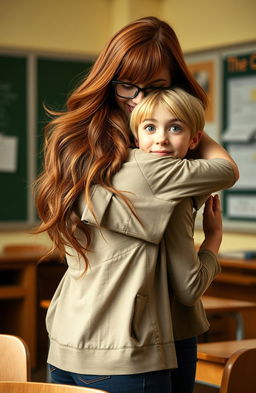 An intimate scene featuring a female high school teacher with long, flowing chestnut hair and glasses, wearing a stylish yet professional outfit, warmly hugging a female student from behind