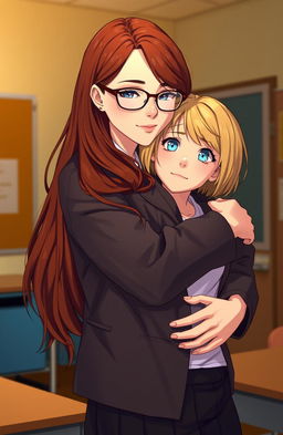 An intimate scene featuring a female high school teacher with long, flowing chestnut hair and glasses, wearing a stylish yet professional outfit, warmly hugging a female student from behind
