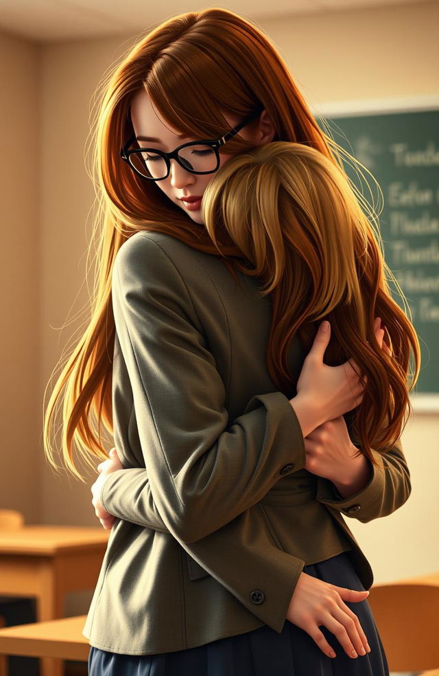 An intimate scene featuring a female high school teacher with long, flowing chestnut hair and glasses, wearing a stylish yet professional outfit, warmly hugging a female student from behind